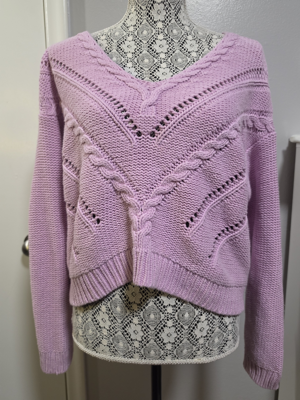 Kendall Kylie Lavender Cotton Cable Knit Crop Sweater Small Oversized